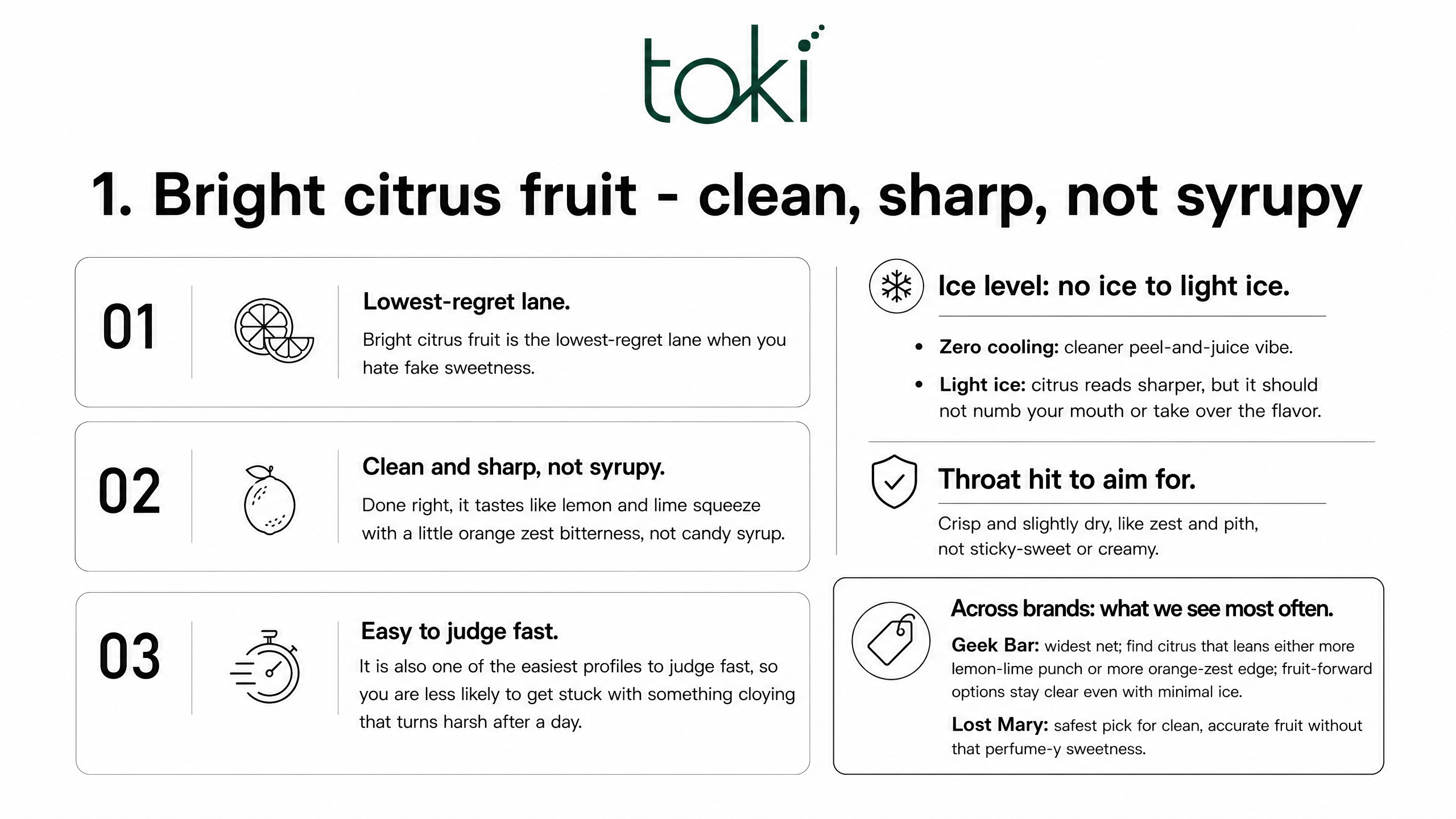 1. Bright citrus fruit - clean, sharp, not syrupy