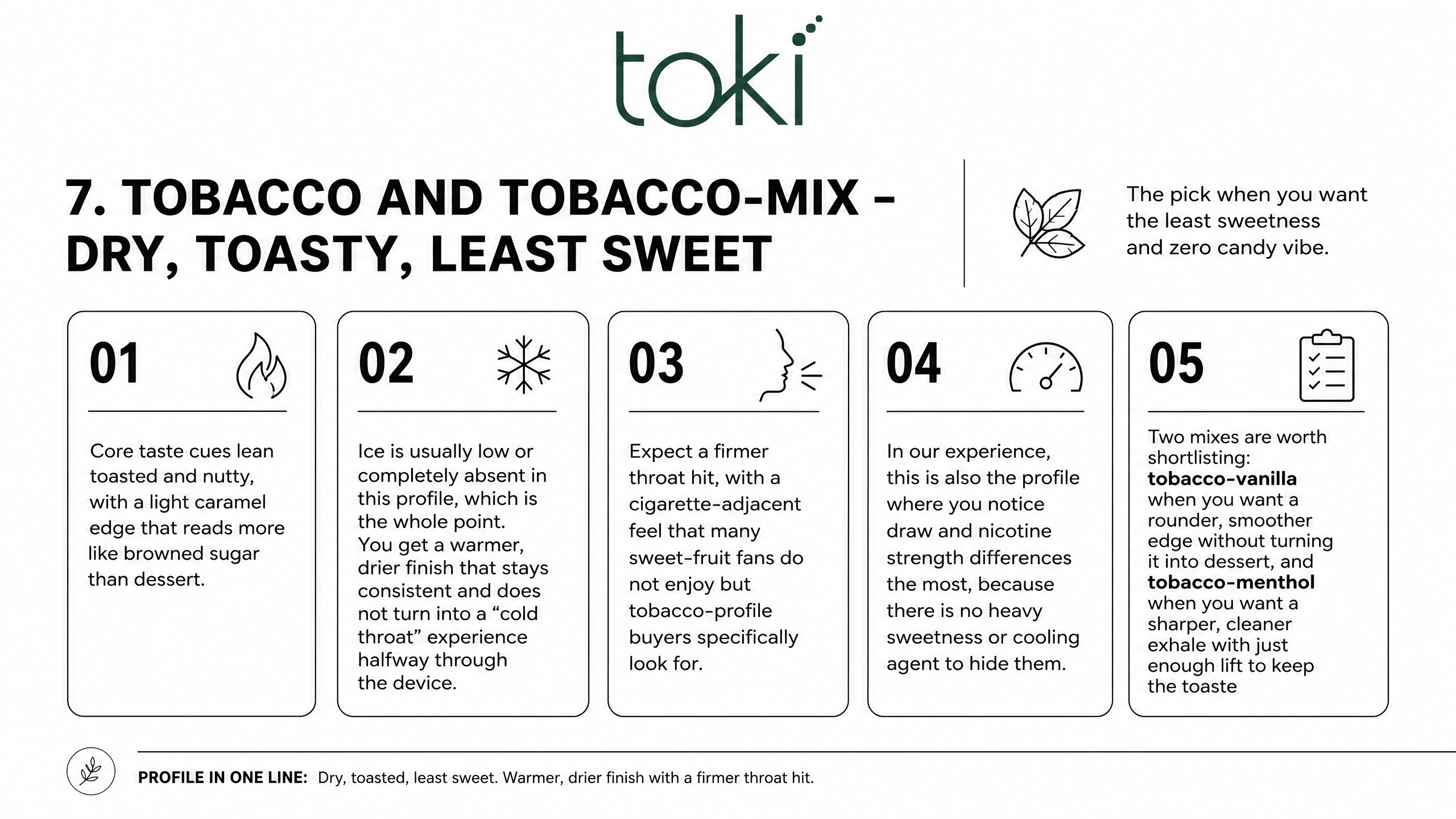 7. Tobacco and tobacco-mix - dry, toasty, least sweet