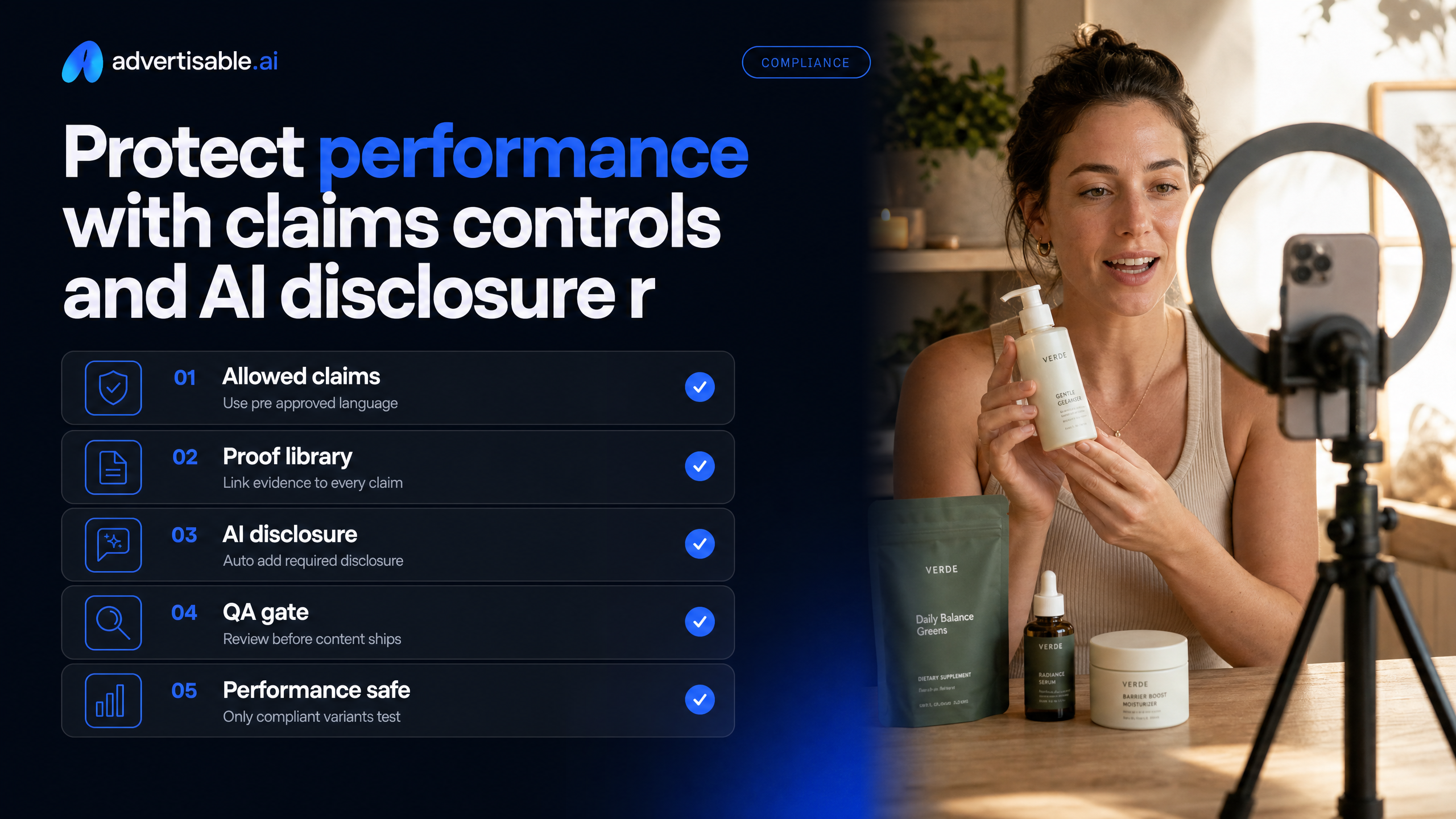 Infographic checklist on a dark navy canvas listing compliance steps beside a creator filming a skincare product on a phone tripod in warm daylight.